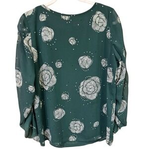 Ann Taylor Factory Womens Blouse Green Medium Floral Ruched Long Sleeve Top